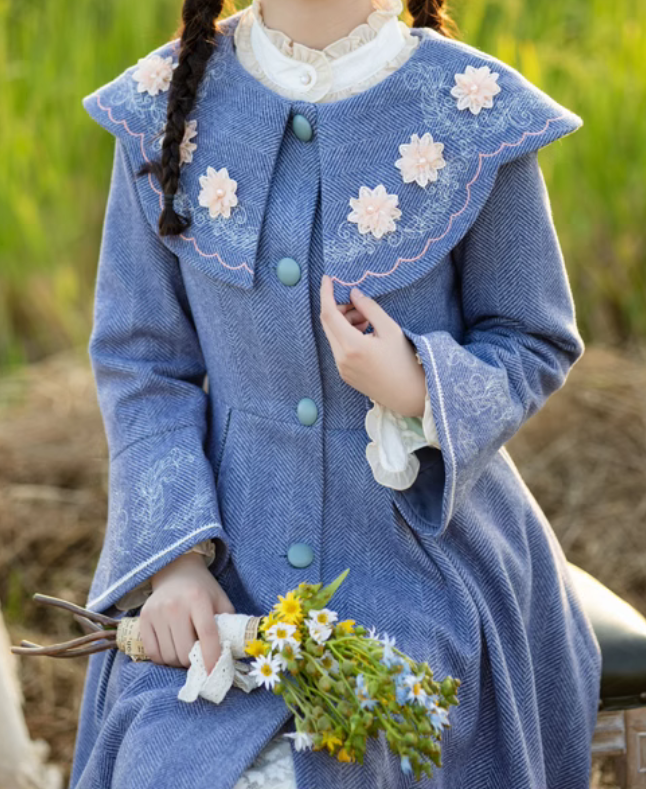 Vintage Embroidery Cottagecore Blue Coat Retro Fairy Vintage Embroidery Cottagecore Blue Coat Retro Fairy