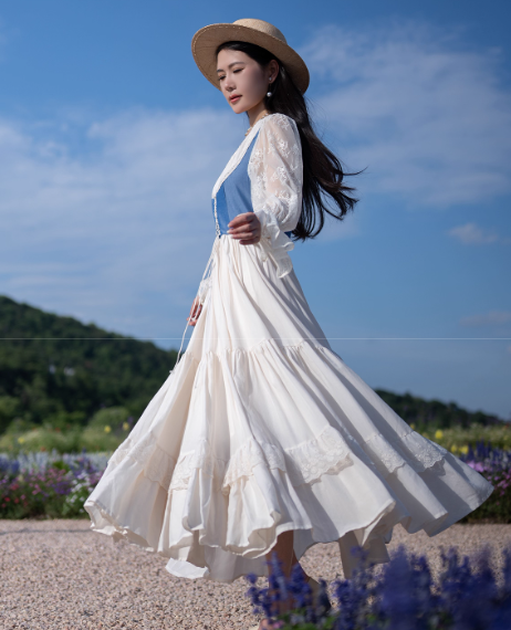 Gunne Sax Style Lace Stitched Prairie Dress