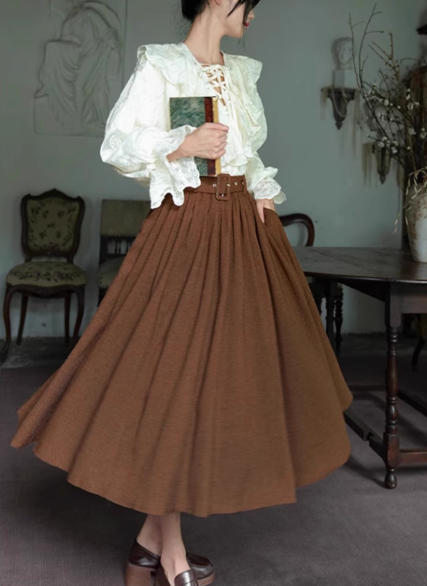 Light Academia Ruffled Blouse & Belted Skirt