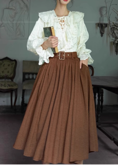 Light Academia Ruffled Blouse & Belted Skirt