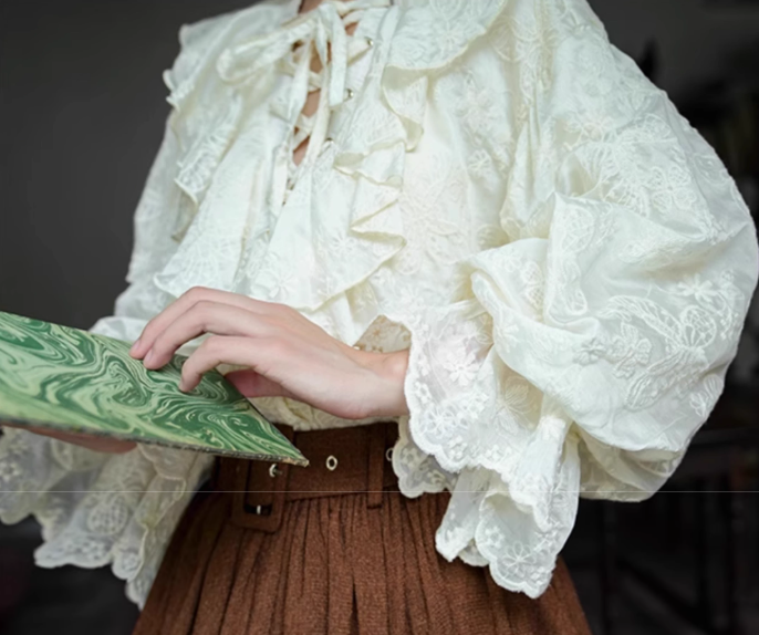 Light Academia Ruffled Blouse & Belted Skirt
