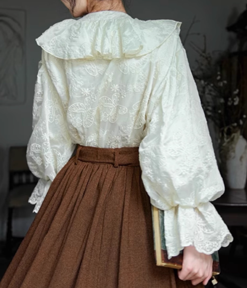 Light Academia Ruffled Blouse & Belted Skirt