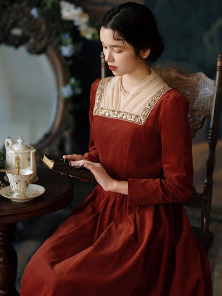 Royalcore Square Collar Dress Brick Red / M I Retro Fairy Royalcore Square Collar Dress Brick Red / M I Retro Fairy