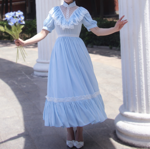 Gunne sax Style 70s Blue Prarie Short Sleeves Dress