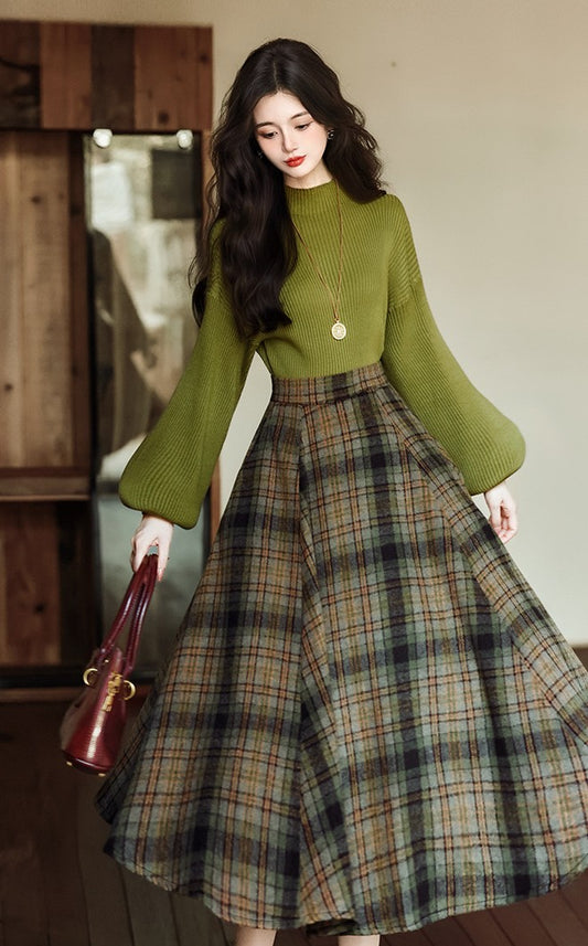 Retro Parisian Knit top & Plaid Skirt Set