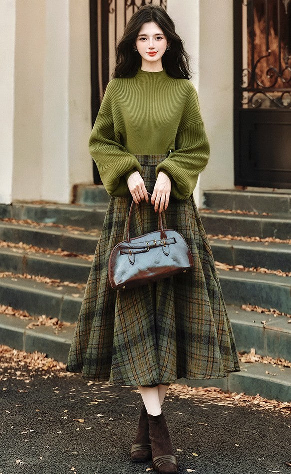 Retro Parisian Knit top & Plaid Skirt Set