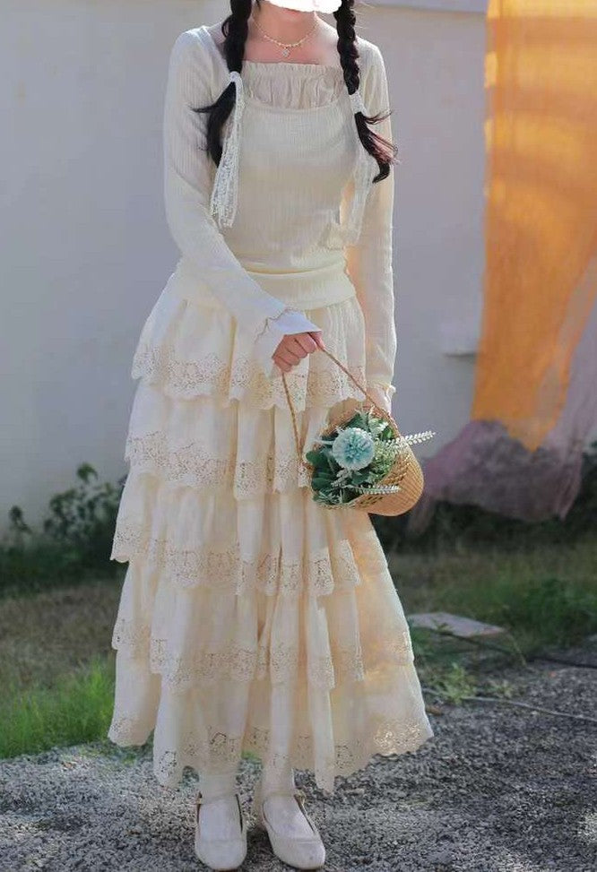 Vintage Knit top Lace Cake Skirt Set