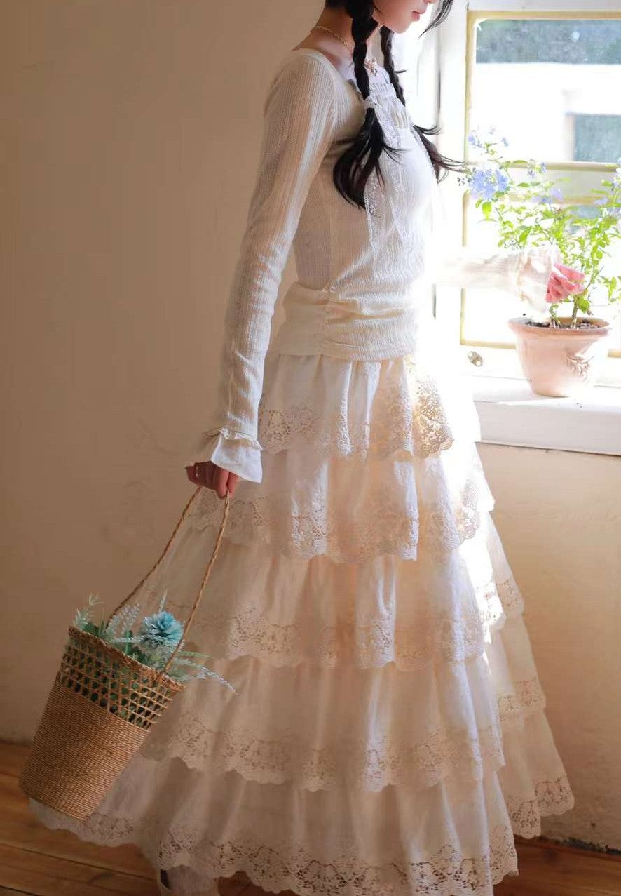 Vintage Knit top Lace Cake Skirt Set