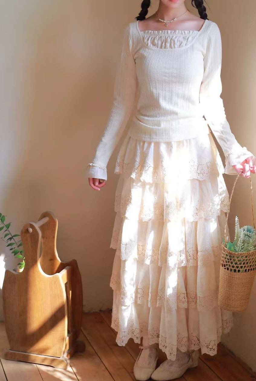 Vintage Knit top Lace Cake Skirt Set