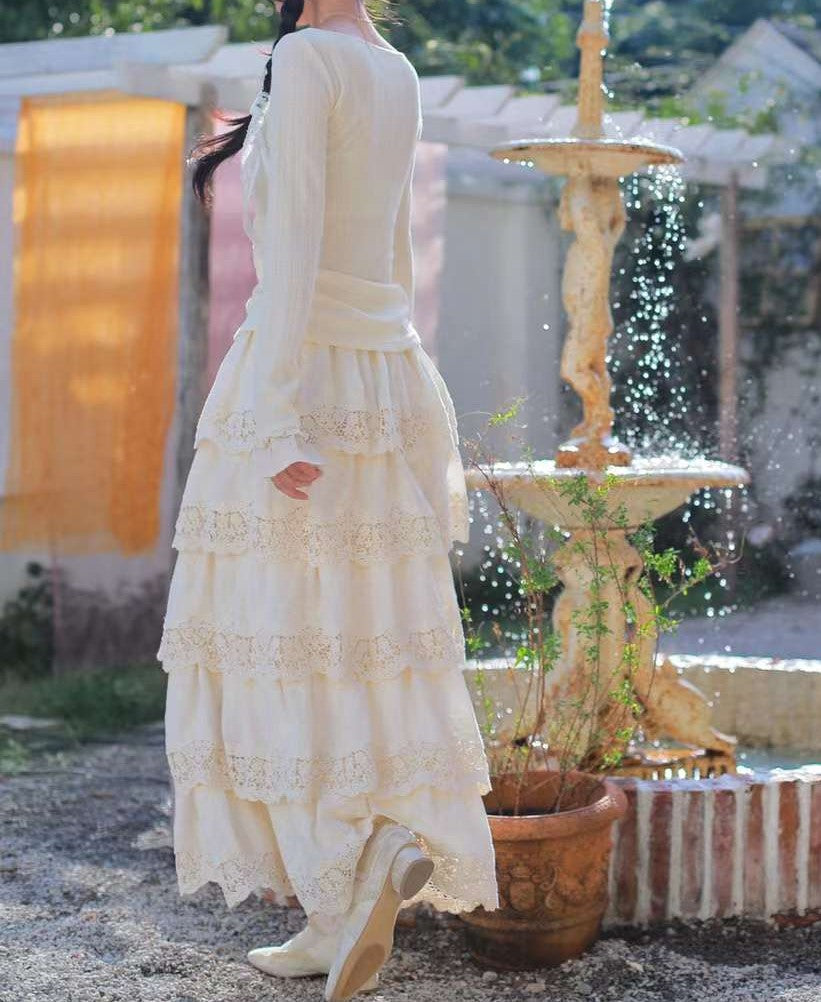 Vintage Knit top Lace Cake Skirt Set