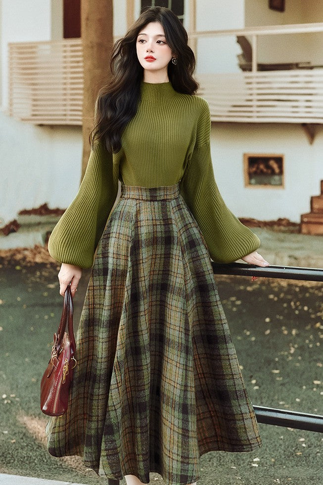 Retro Parisian Knit top & Plaid Skirt Set