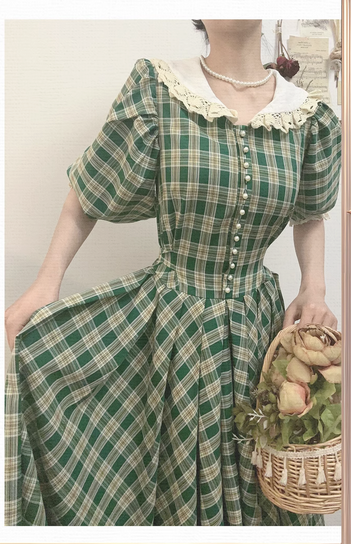 Vintage Plaid Puff Sleeve Tea Dress M / Yellow I Retro Fairy Vintage Plaid Puff Sleeve Tea Dress M / Yellow I Retro Fairy