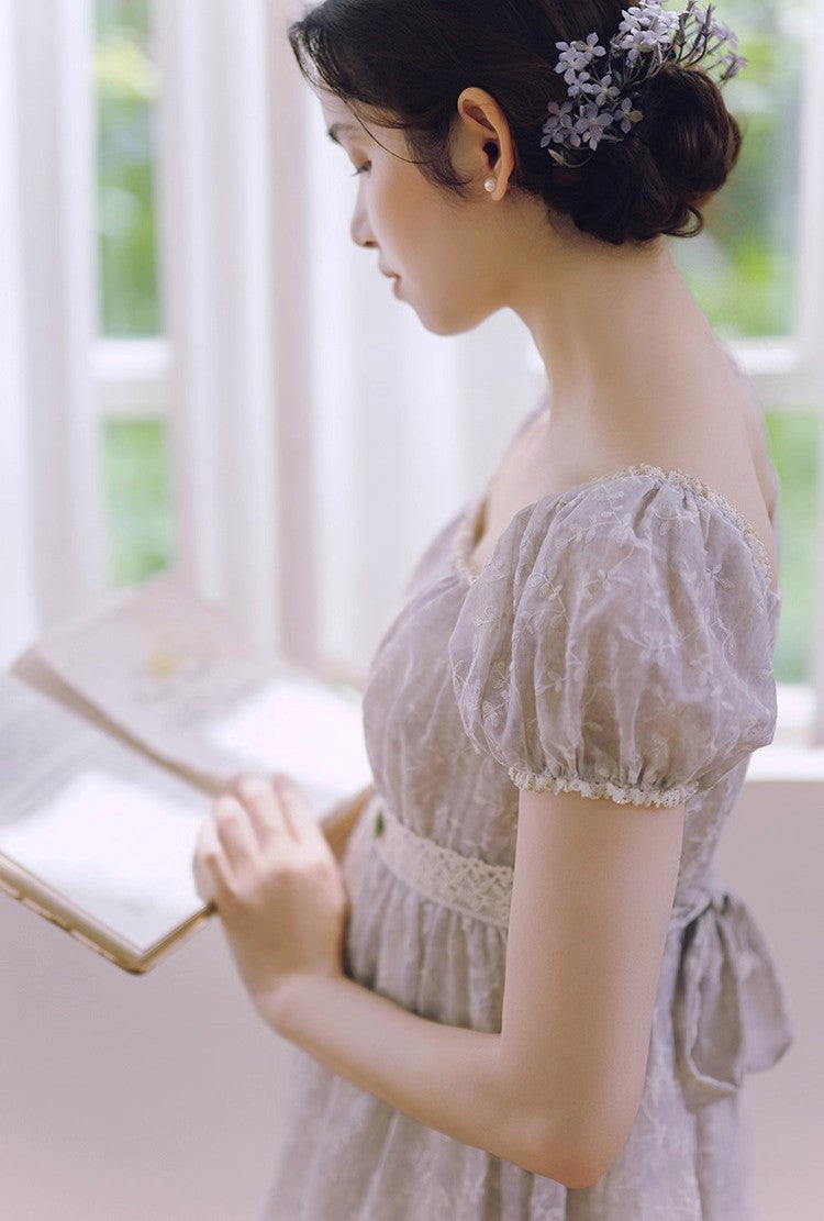Regency Puff Sleeves Embroidery Dress