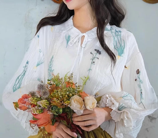 Cottagecore Puff Sleeves Blouse & Lace up Skirt