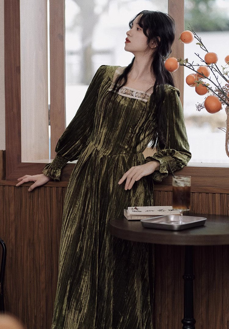 vintage velvet dress Vintage Square Collar Velvet Dress L I Retro Fairy