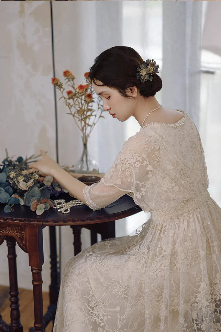 Downtown Abbey Style Embroidered Lace Cape Dress