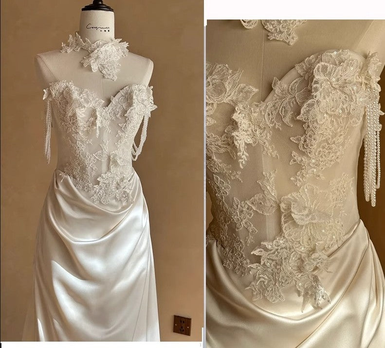 Retro Lace Strapless Satin Fishtail Evening Gown