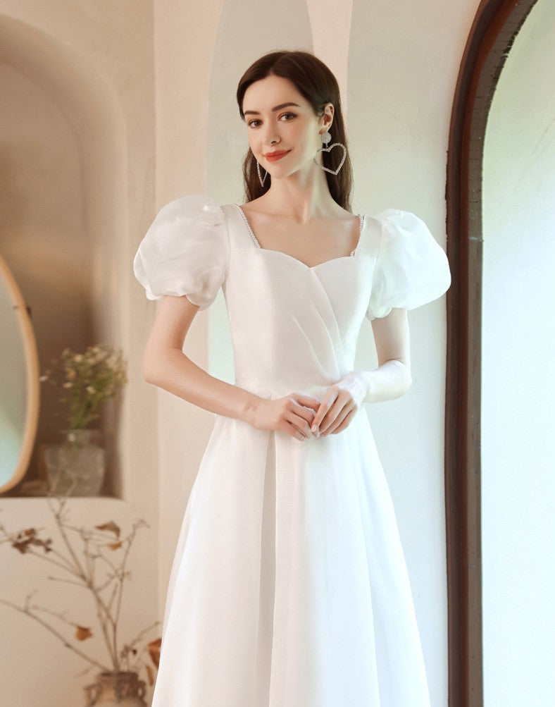 Retro Puff Sleeves Bow Tie Embellished Bridal Dress