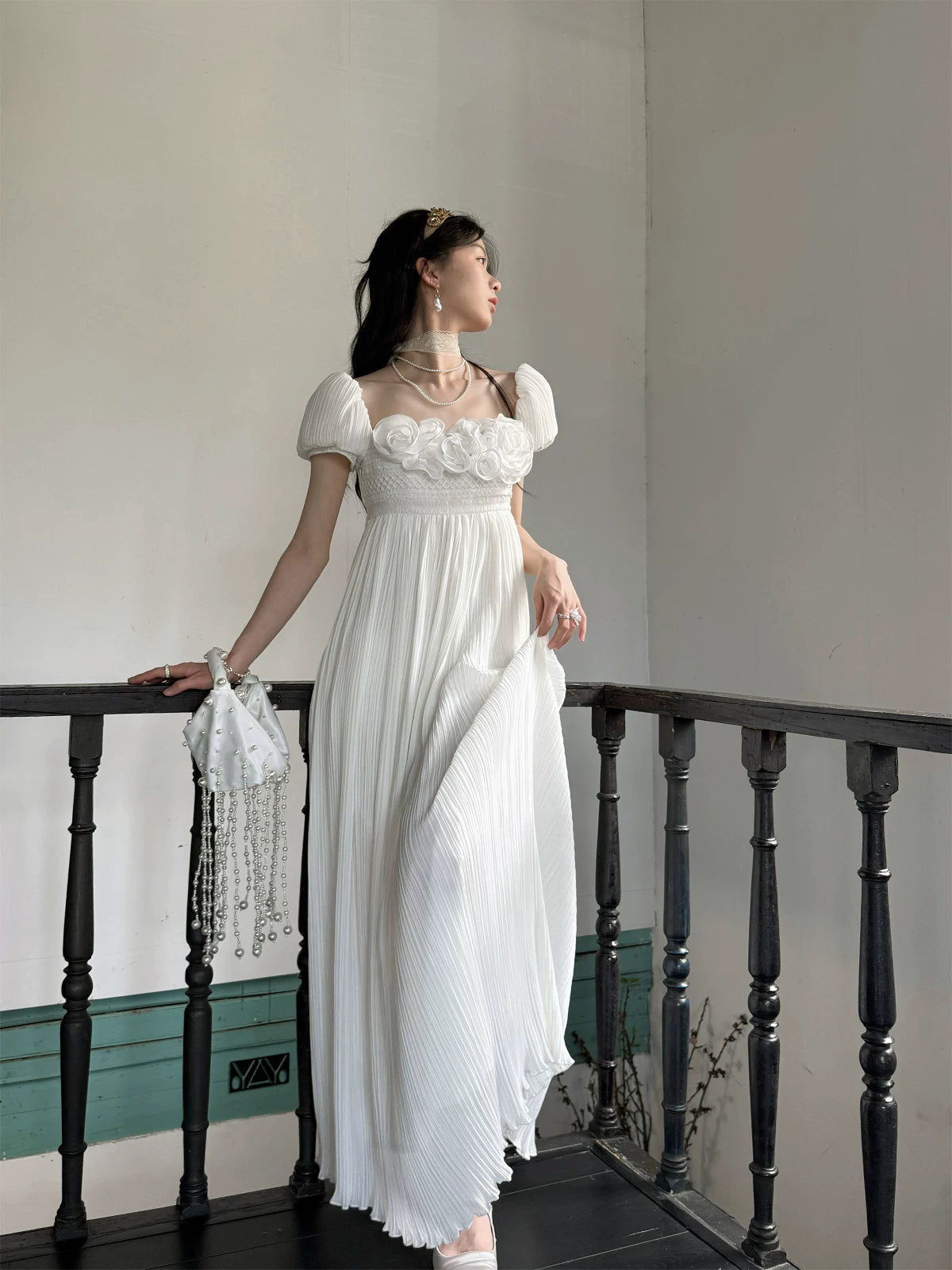 Regency Style Ruffled Pleated Dreamy Dress