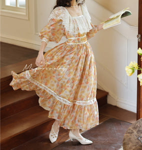Handmade Vintage Gunnesax Style Floral Puff Sleeves Dress