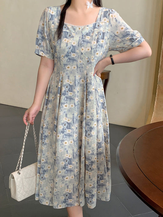 Retro Floral Studded Dress [Extended Sizes]