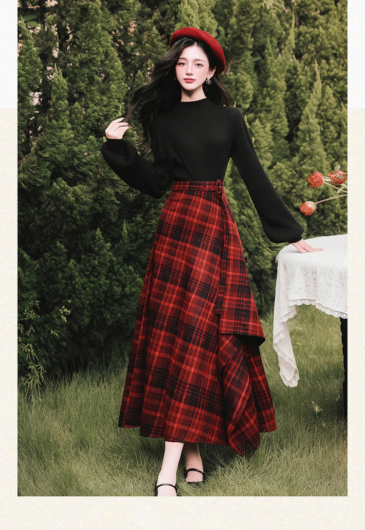 Dark Academia Knit top & Plaid Skirt Set