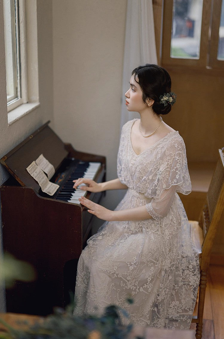 Downtown Abbey Style Embroidered Lace Cape Dress
