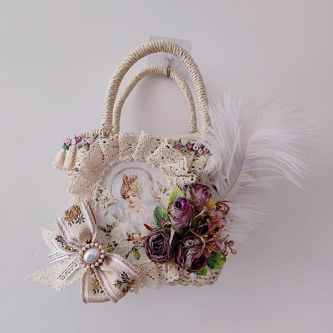 Vintage Coquette Embellished Rose Straw Bag A I Retro Fairy