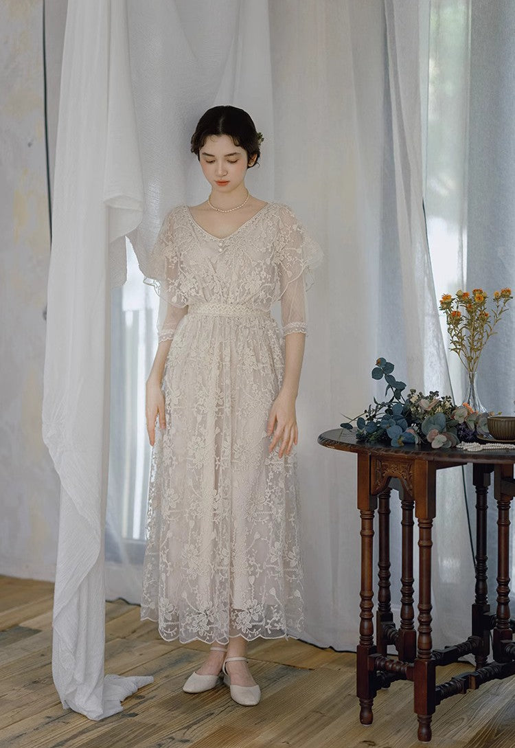 Downtown Abbey Style Embroidered Lace Cape Dress