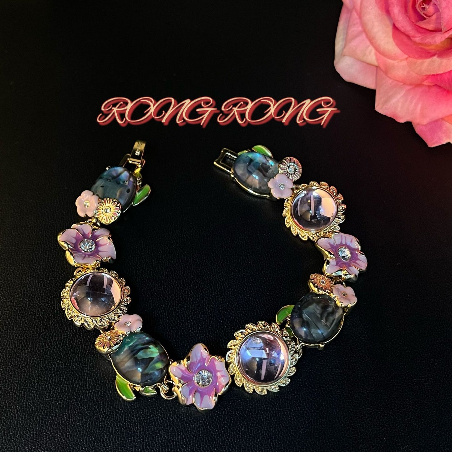 bracelet with floral and round beads ,vintage jewelry