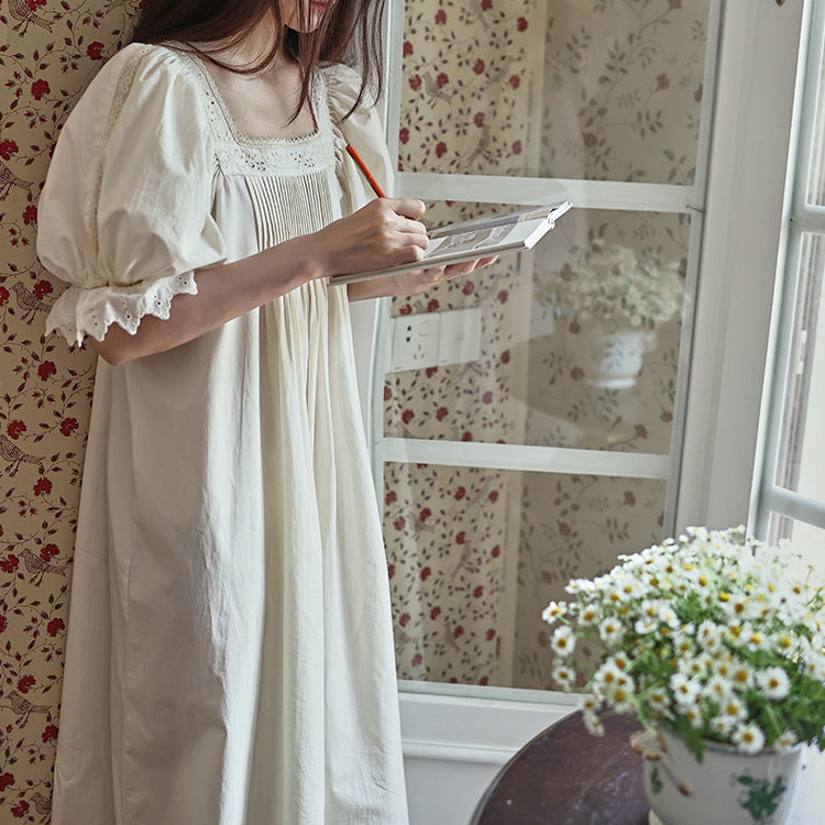 Victoria Style Puff Sleeves Cotton Night Gown S