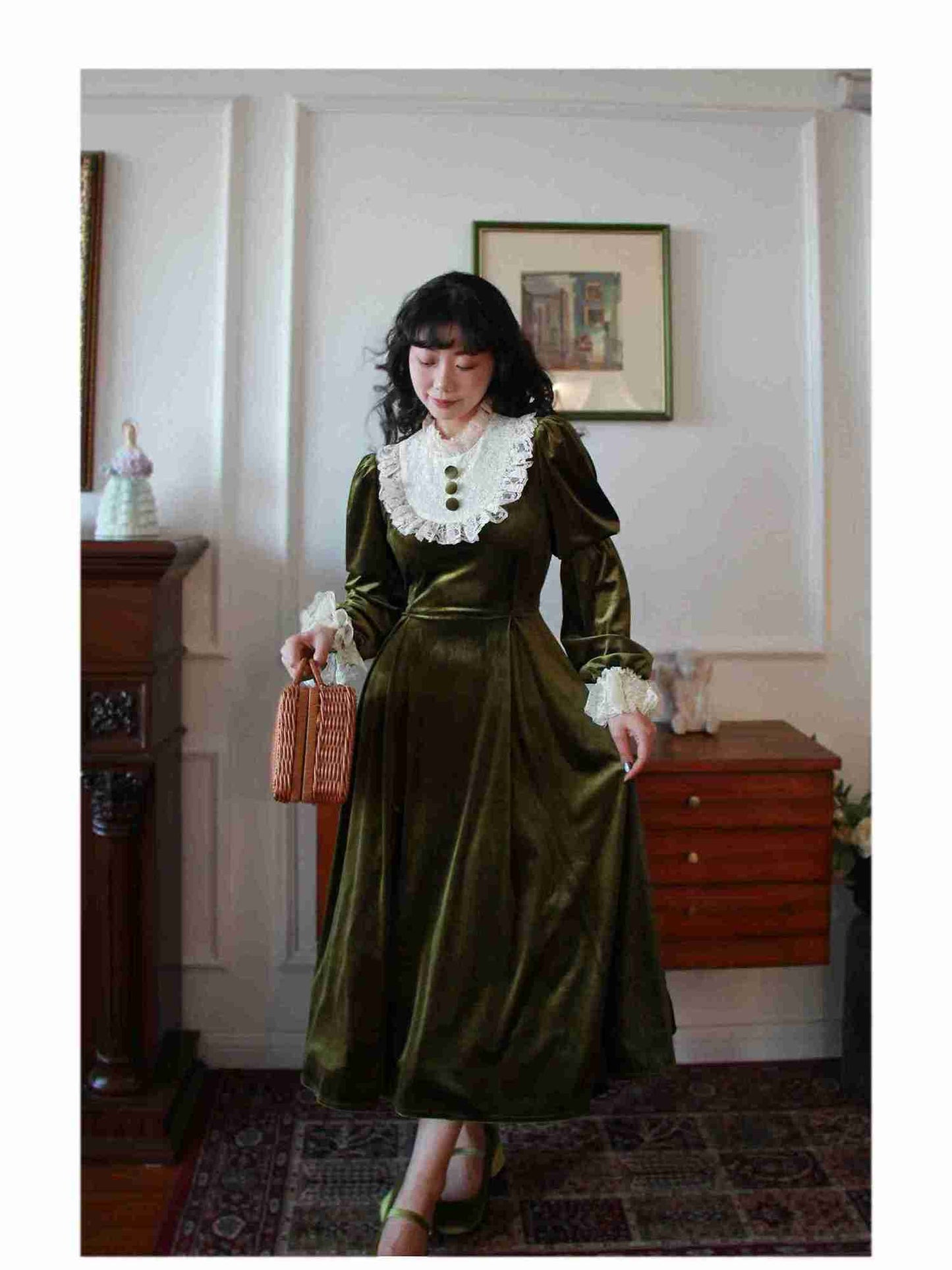 Vintage 30s Lace Stitched Velvet Dress
