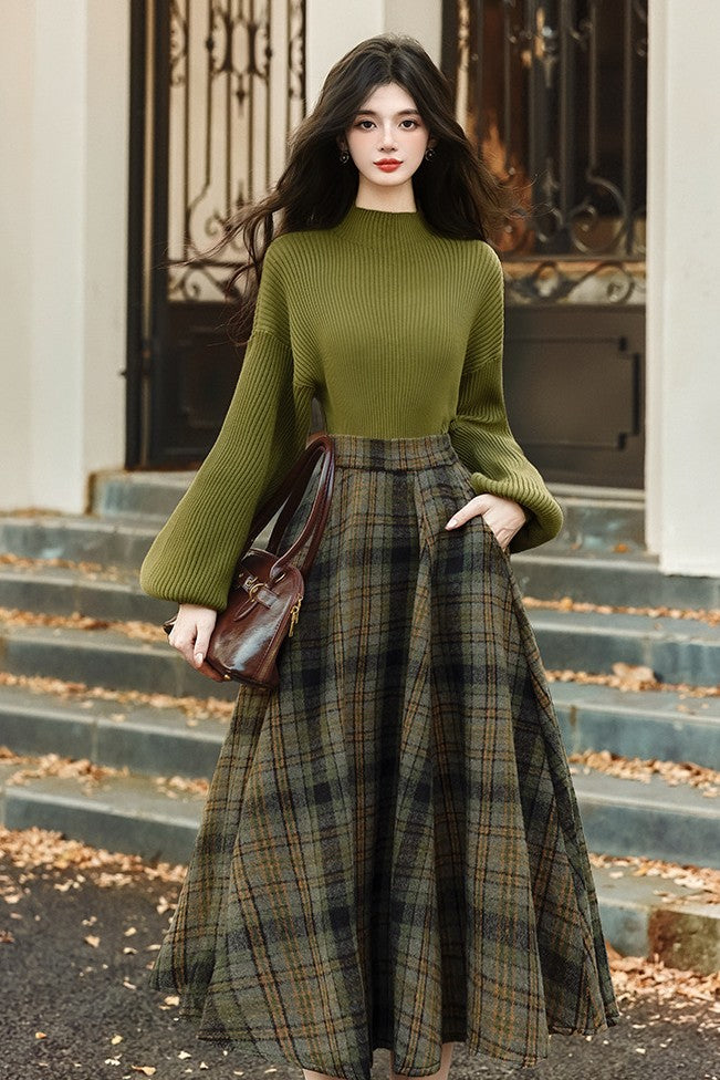 Retro Parisian Knit top & Plaid Skirt Set