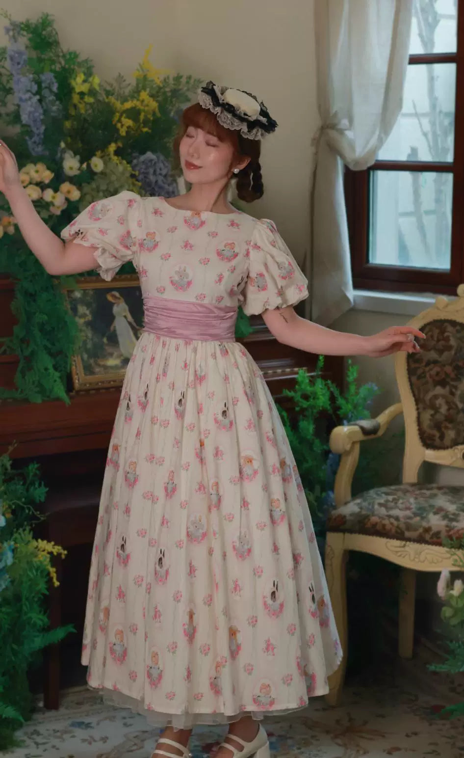 Vintage 1950s Rabbit Print Tea Dress S I Retro Fairy