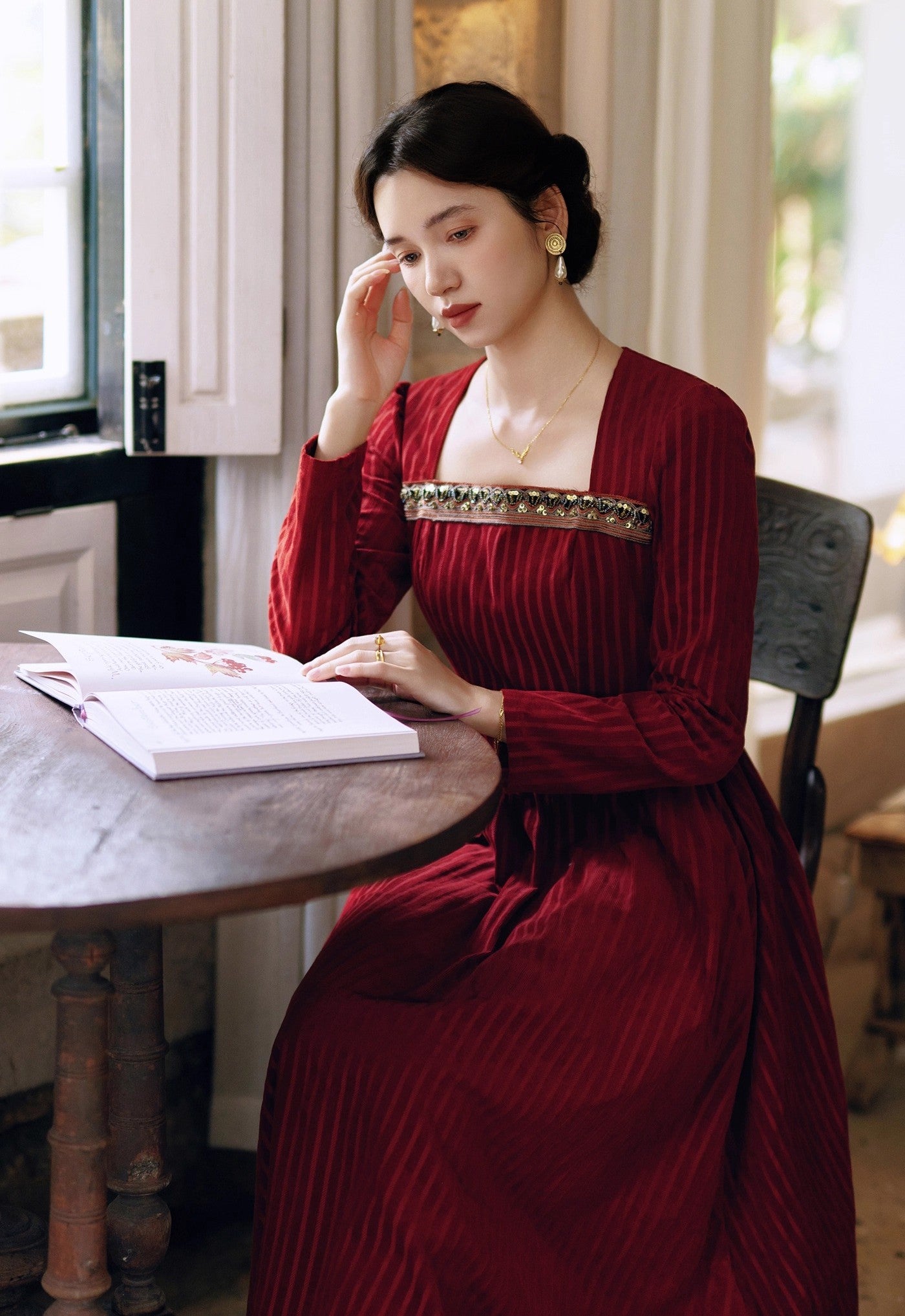 Retro Court Square neck beaded corduroy Dress