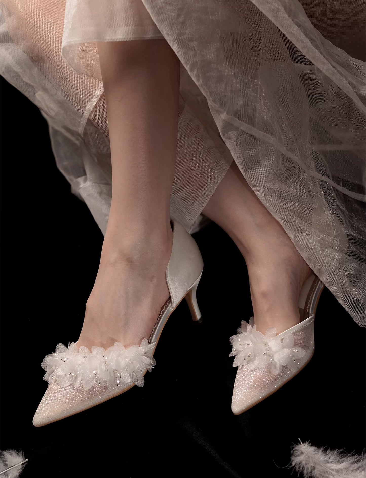 Dreamy Flower Embellished Shimmering Pointed Toe Heels