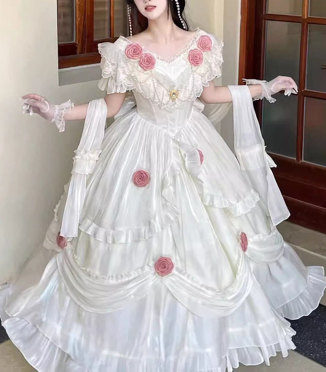 Vintage Coquette Princess Prom dress with Pearl Chain Velvet fabric