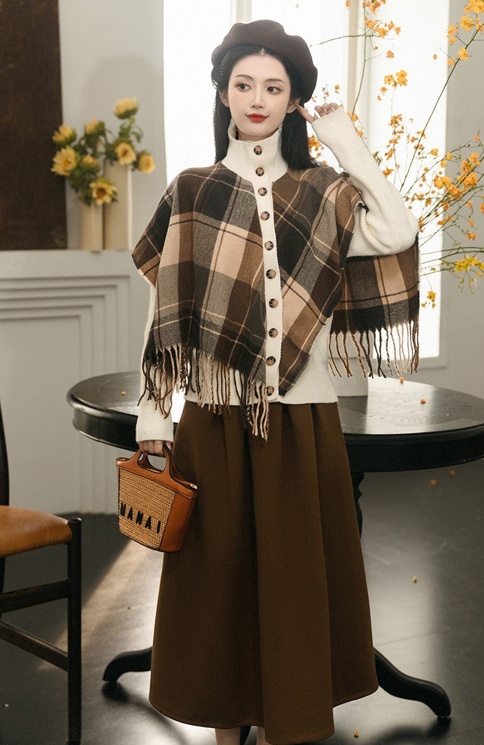 Retro Academia Plaid Cape Top & Skirt Set