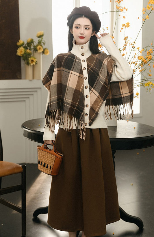 Retro Academia Plaid Cape Top & Skirt Set