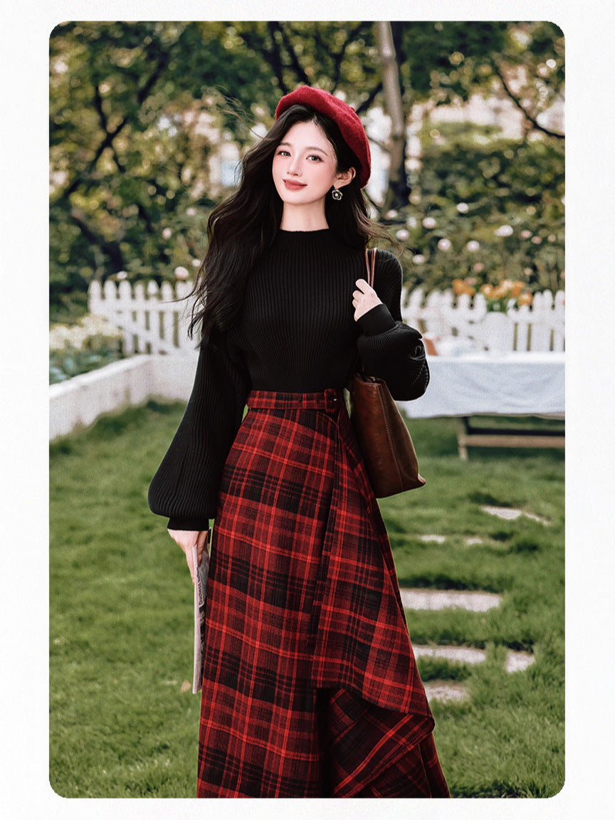 Dark Academia Knit top & Plaid Skirt Set