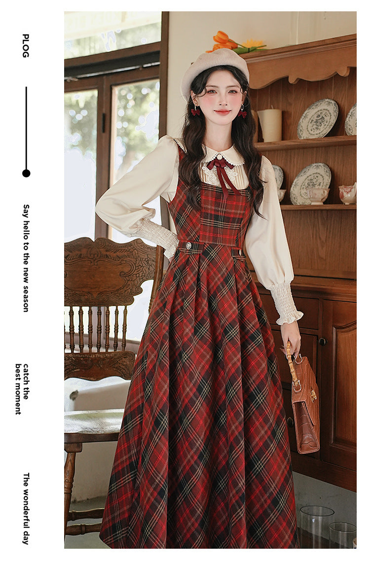 Retro Academia Tartan Blouse Pinafore Dress Set