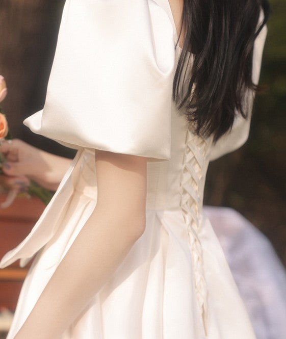 Retro Parisian Puff Sleeves Bow Tie Bridal Gown