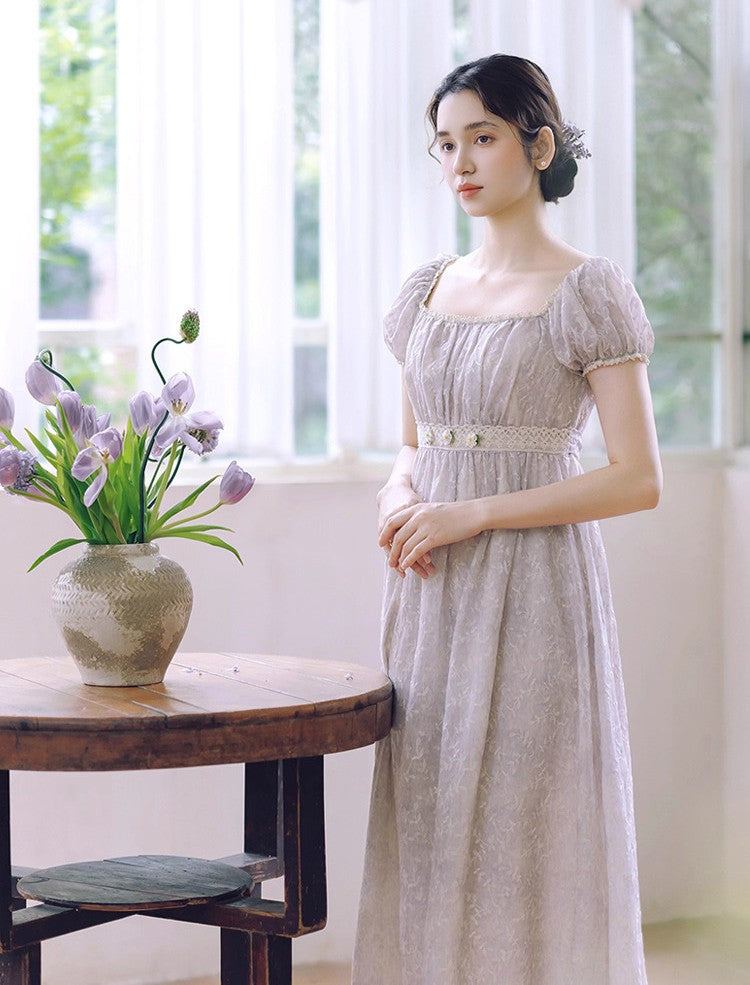 Regency Puff Sleeves Embroidery Dress