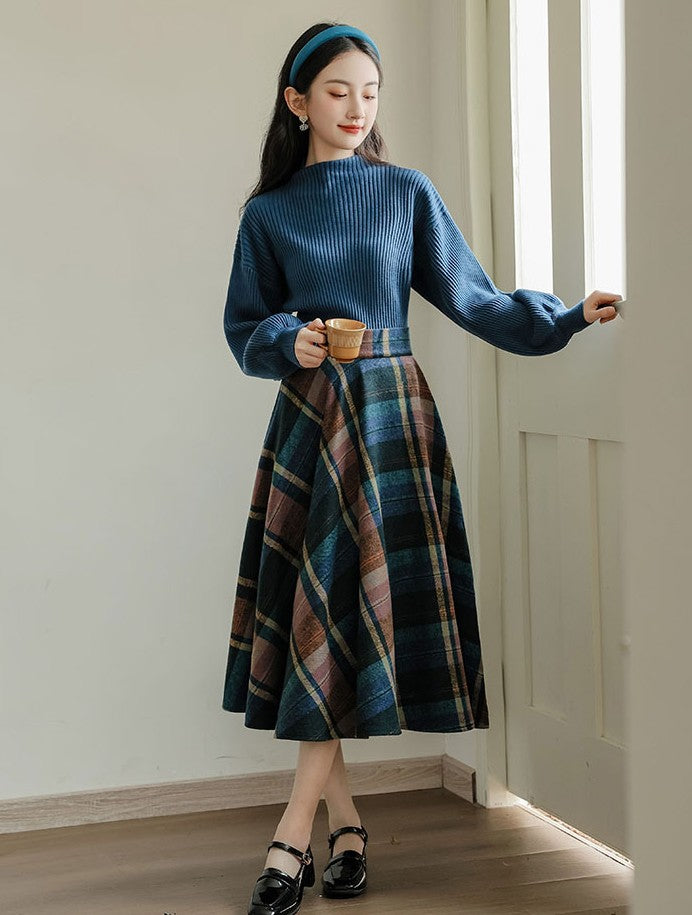 Vintage Style Knit Top Plaid Skirt Set
