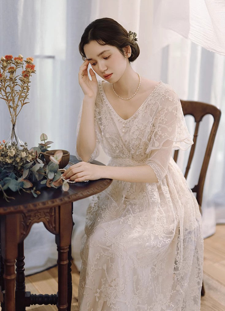 Downtown Abbey Style Embroidered Lace Cape Dress