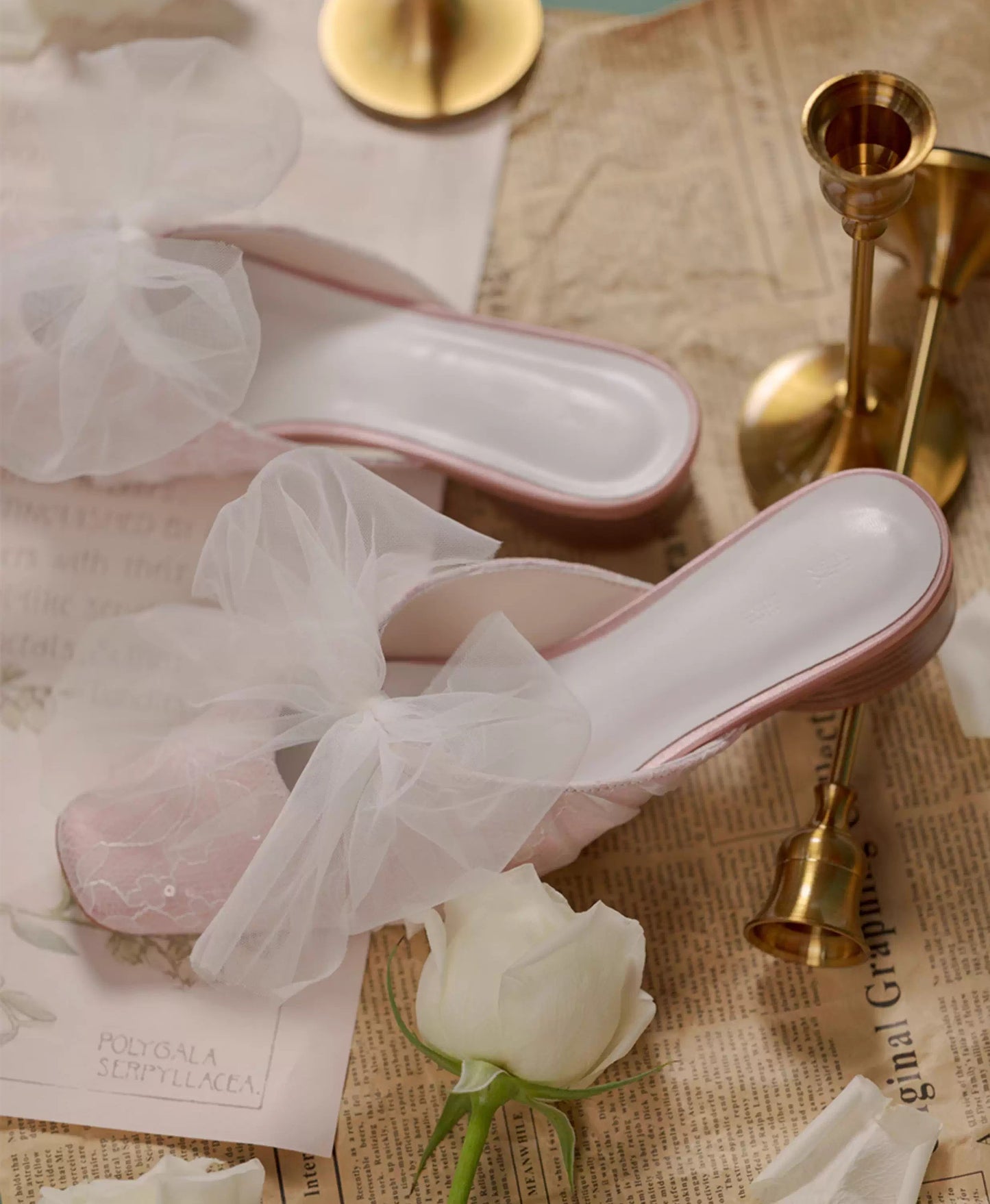 Lace mesh bow square-toe chunky heel Mules Slippers