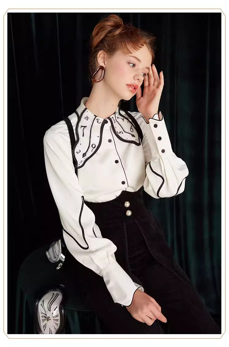 Retro Clock Print Collar Shirt