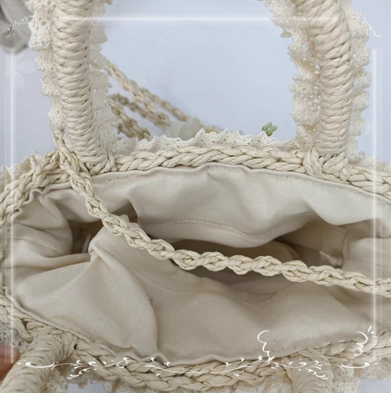 Retro Cottagecore Flower Embellished Straw Bag
