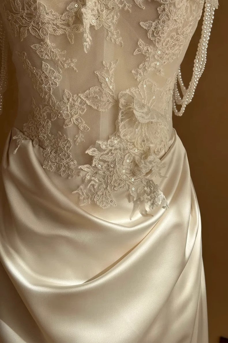 Retro Lace Strapless Satin Fishtail Evening Gown
