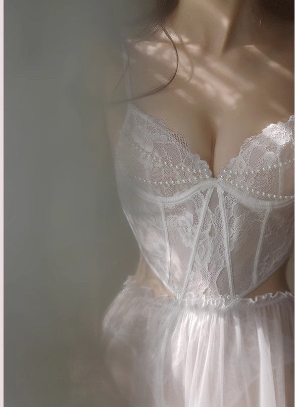 Vintage Bridal Lace Lingerie Set with Pearl Chain